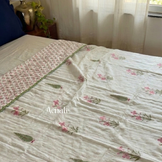 Pink Madhumati Handblock Bedsheet + Dohar Combo Set