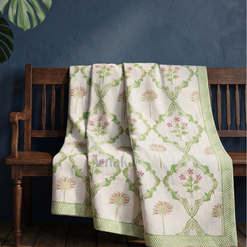 Pink Palm Jaal Handblock Mulmul Cotton Reversible Dohar