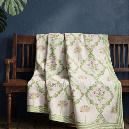 Pink Palm Jaal Handblock Mulmul Cotton Reversible Dohar