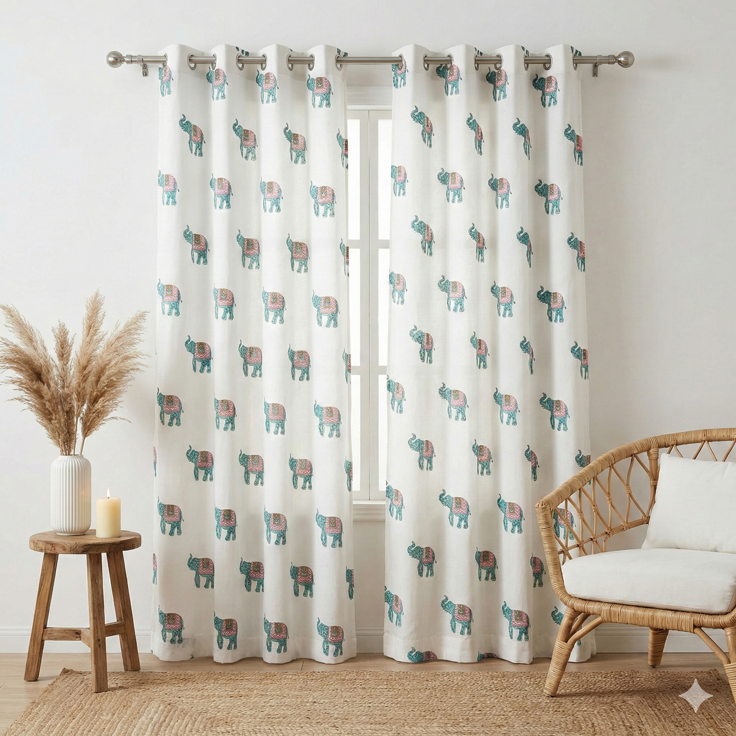 Blue Elephant Handblock Curtains