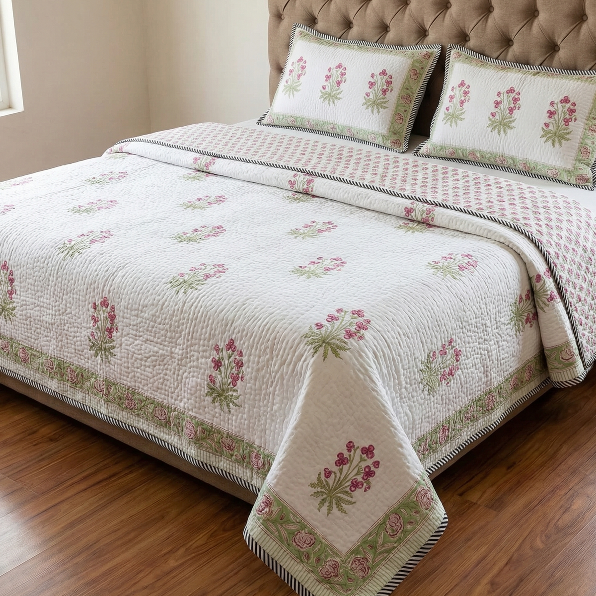 Pink Tiny Lily Handblock Reversible Quilted Cotton Bedcover- 105x108