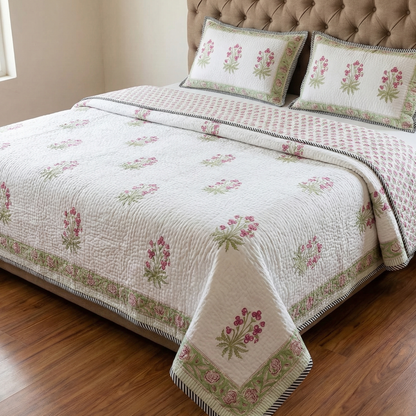 Pink Tiny Lily Handblock Reversible Quilted Cotton Bedcover- 105x108