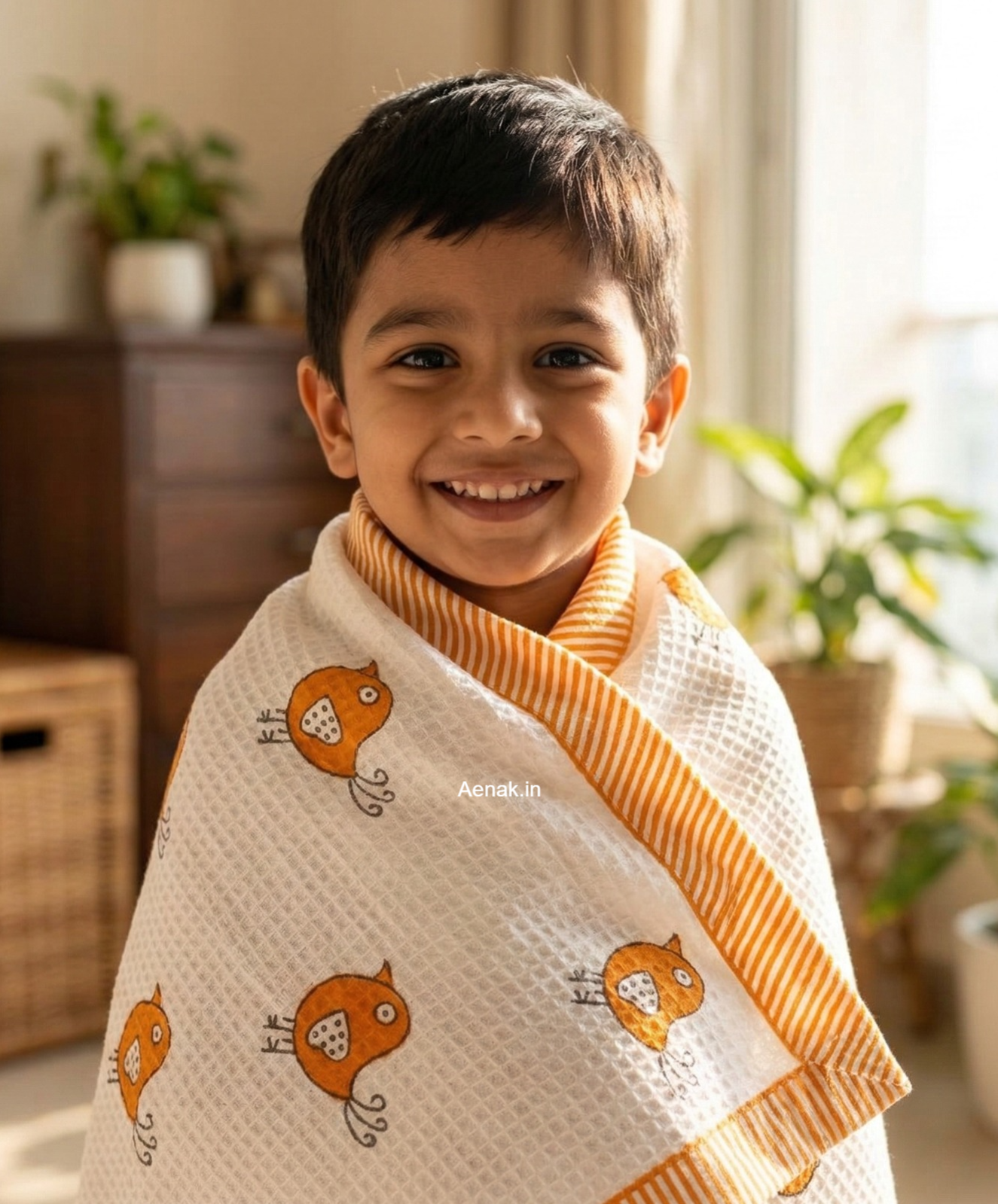 Orange Sparrow Handblock Waffle Cotton Bathing Towel