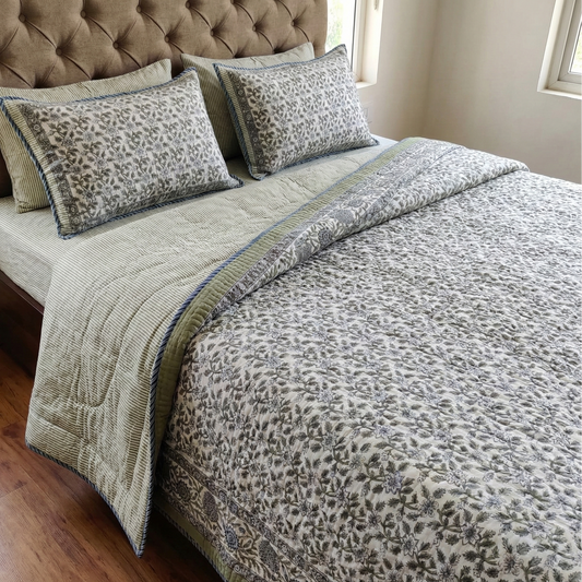Grey Floral Garden Handblock Reversible Quilted Cotton Bedcover Set- 105x108