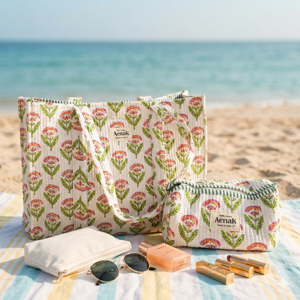 White Floral Garden Quilted Cotton Travel Bag + Vanity Pouch