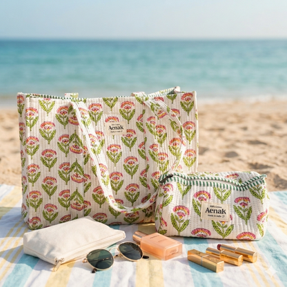 White Floral Garden Quilted Cotton Travel Bag + Vanity Pouch