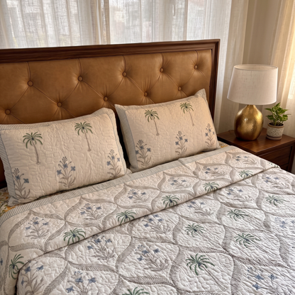 Blue Floral Palm Jaal Handblock Bedsheet + Quilted Bedcover Combo Set
