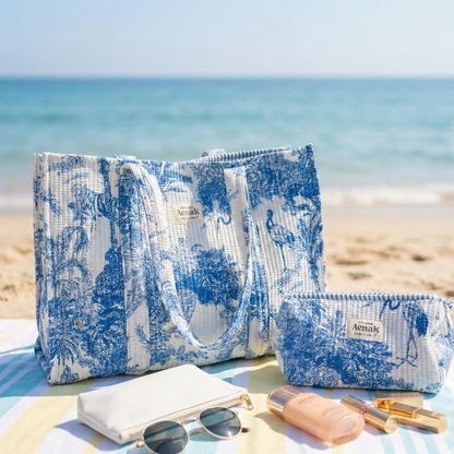 Blue Jungle Quilted Cotton Travel Bag + Vanity Pouch