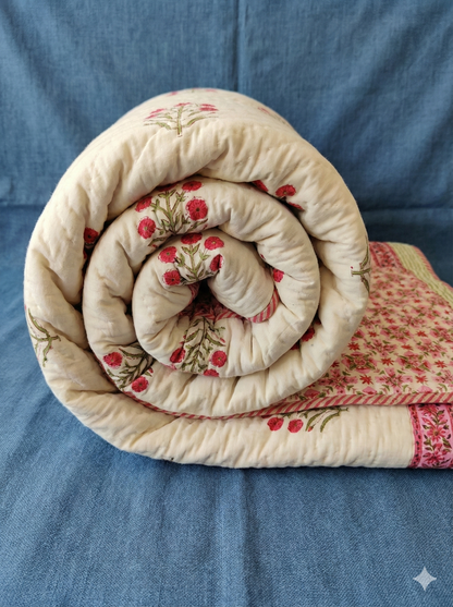 Pink Floral Boota Handblock Reversible Mulmul Cotton Single Quilt