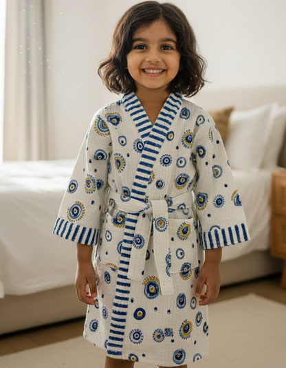 Blue Circle Handblock Cotton Bathrobe