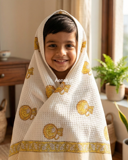 Yellow Lion Handblock Waffle Cotton Bathing Towel