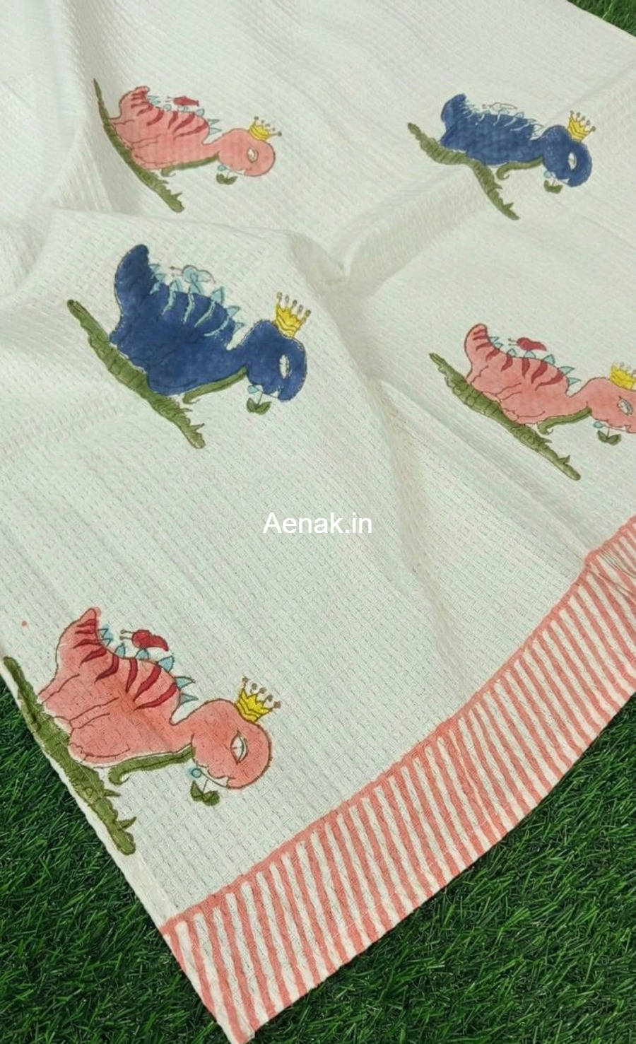 Pink & Blue Dinosaur Handblock Waffle Cotton Bathing Towel