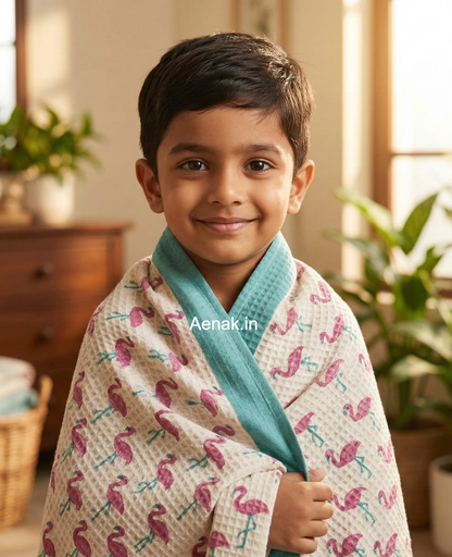 Tiny Pink Flamingo Handblock Waffle Cotton Bathing Towel