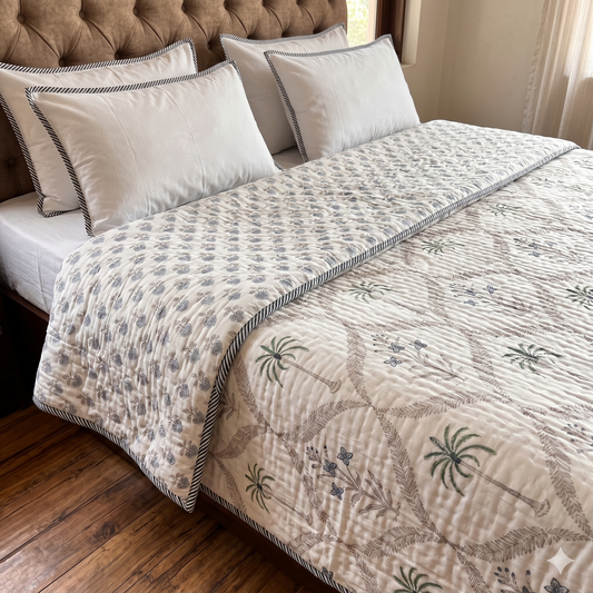 Blue Floral Palm Jaal Handblock Reversible Mulmul Cotton Quilt