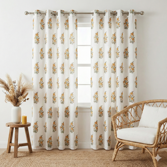 Mustard Floral Handblock Curtains