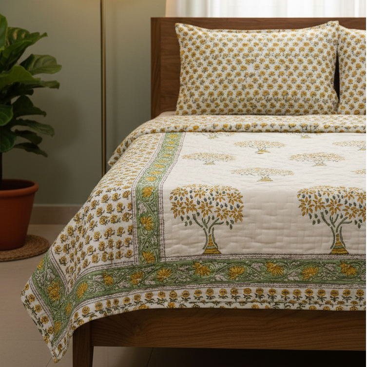 Yellow Bodhi Tree Handblock Bedsheet + Quilt Combo Set