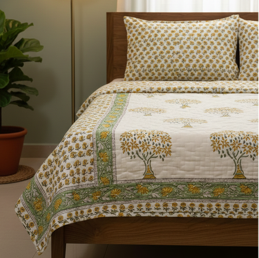 Yellow Bodhi Tree Handblock Bedsheet + Quilt Combo Set