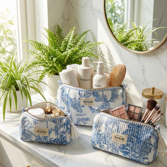 Blue Jungle Quilted Vanity Pouches-Set of 3