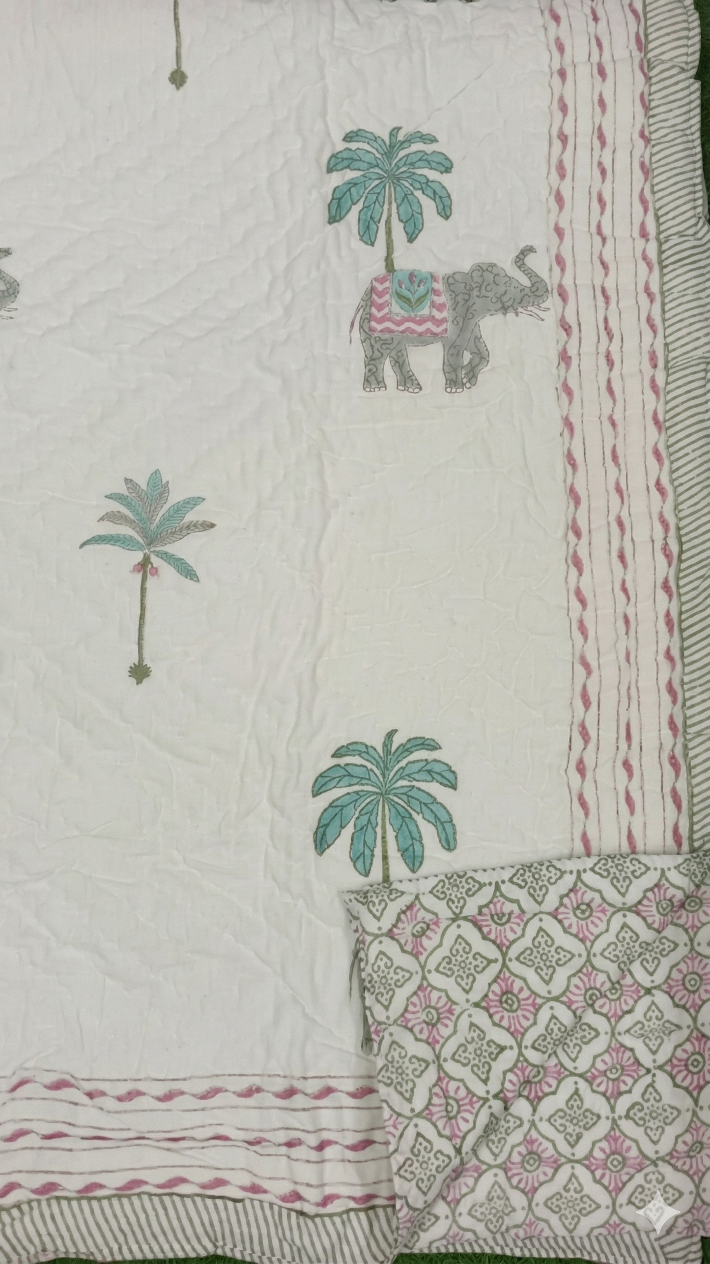 Grey Elephant Handblock Bedsheet + Quilt Combo Set