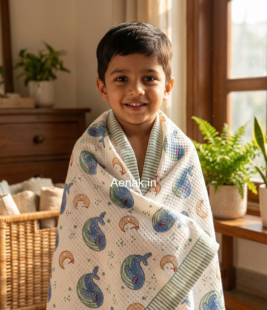 Blue Whale Handblock Waffle Cotton Bathing Towel