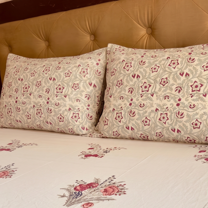 Burgundy Anaar Handblock Premium Cotton Bedsheet Set (Beige Base)