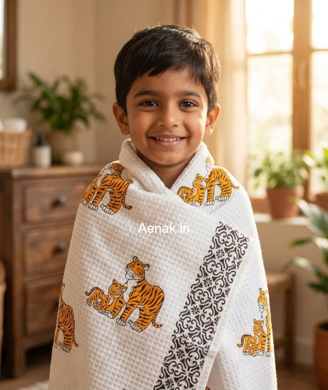 Baby Tiger Handblock Waffle Cotton Bathing Towel