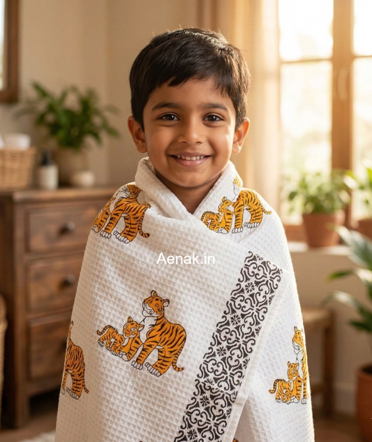 Baby Tiger Handblock Waffle Cotton Bathing Towel