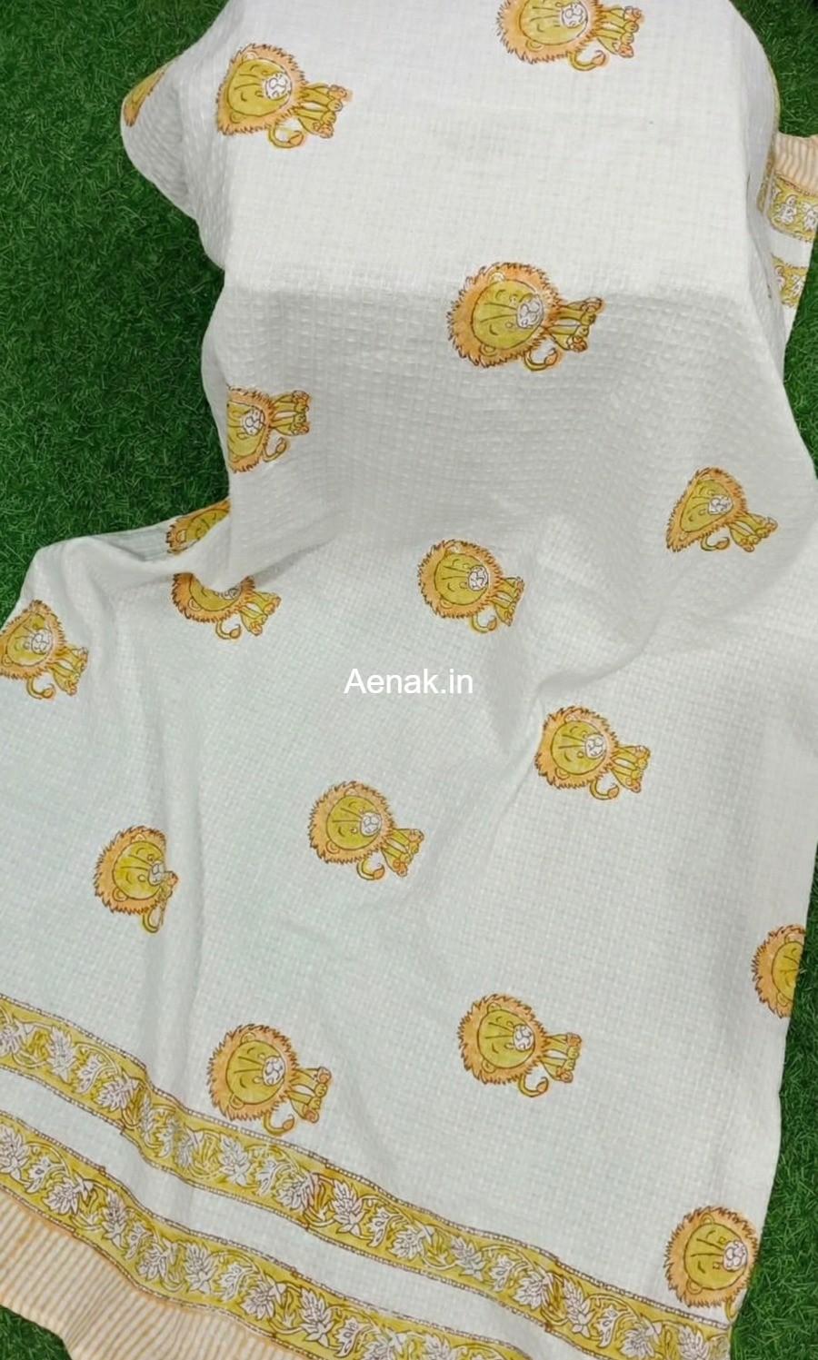 Yellow Lion Handblock Waffle Cotton Bathing Towel