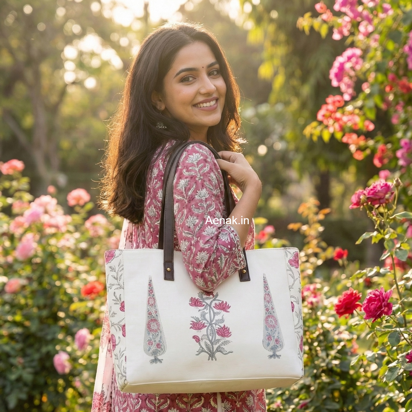 Pink Floral Boota Handblock Artisanal Handbag