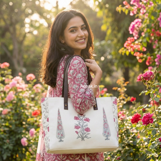 Pink Floral Boota Handblock Artisanal Handbag
