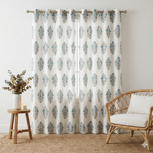 Soft Blue Phool Handblock Curtains