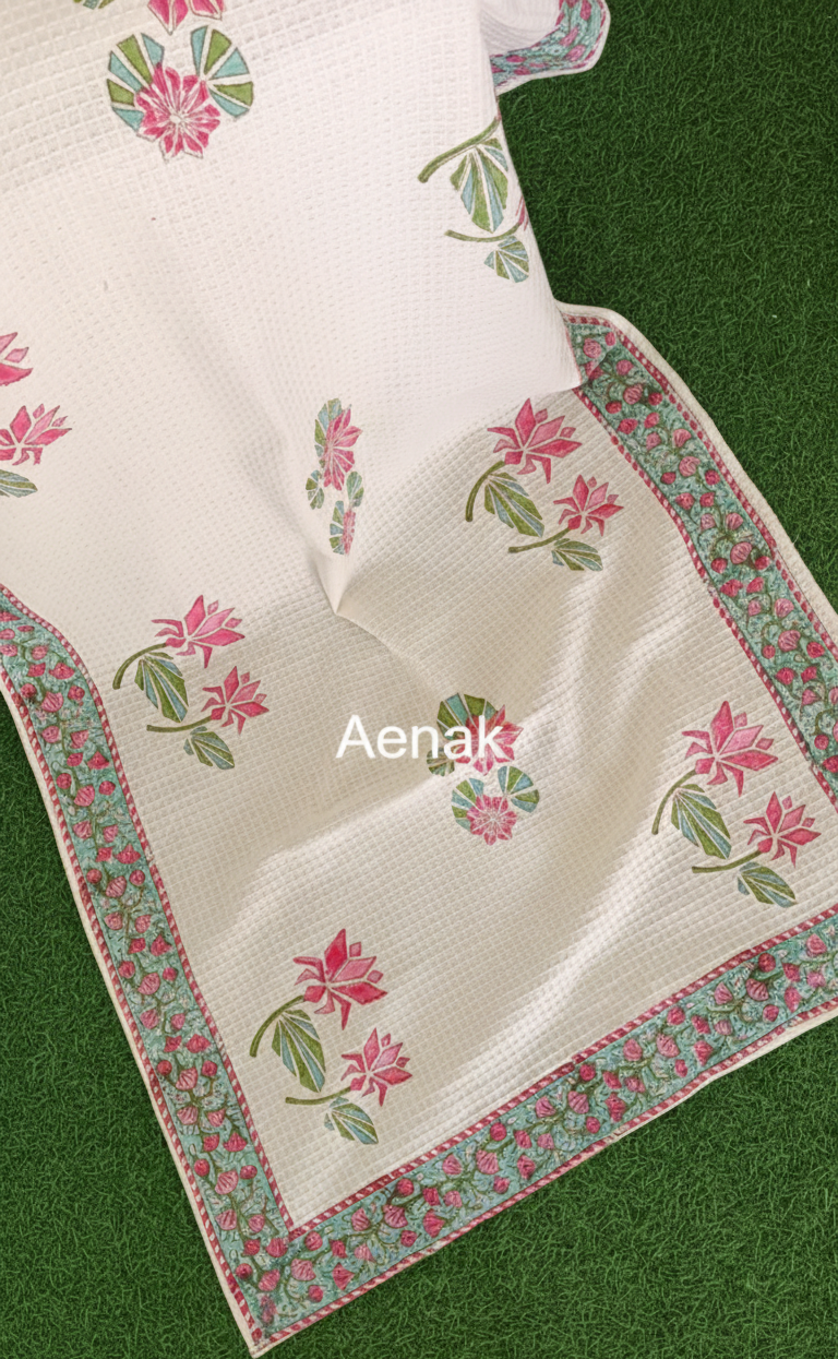 Pink Lotus Handblock Waffle Cotton Towel