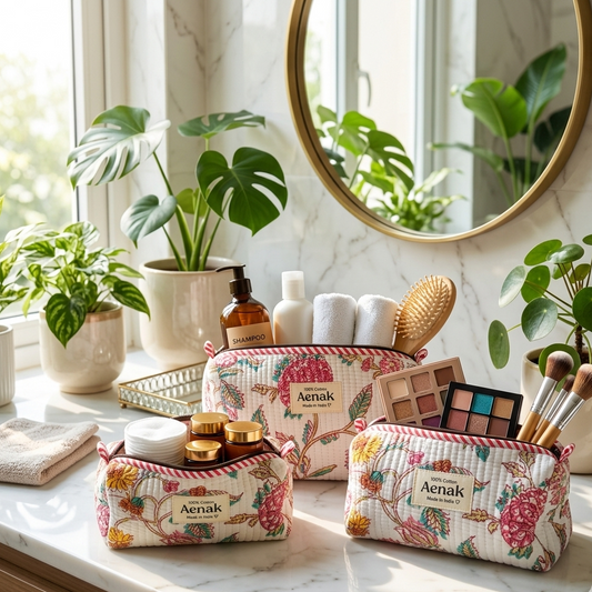 Purple & Pink Floral Garden Quilted Vanity Pouches-Set of 3