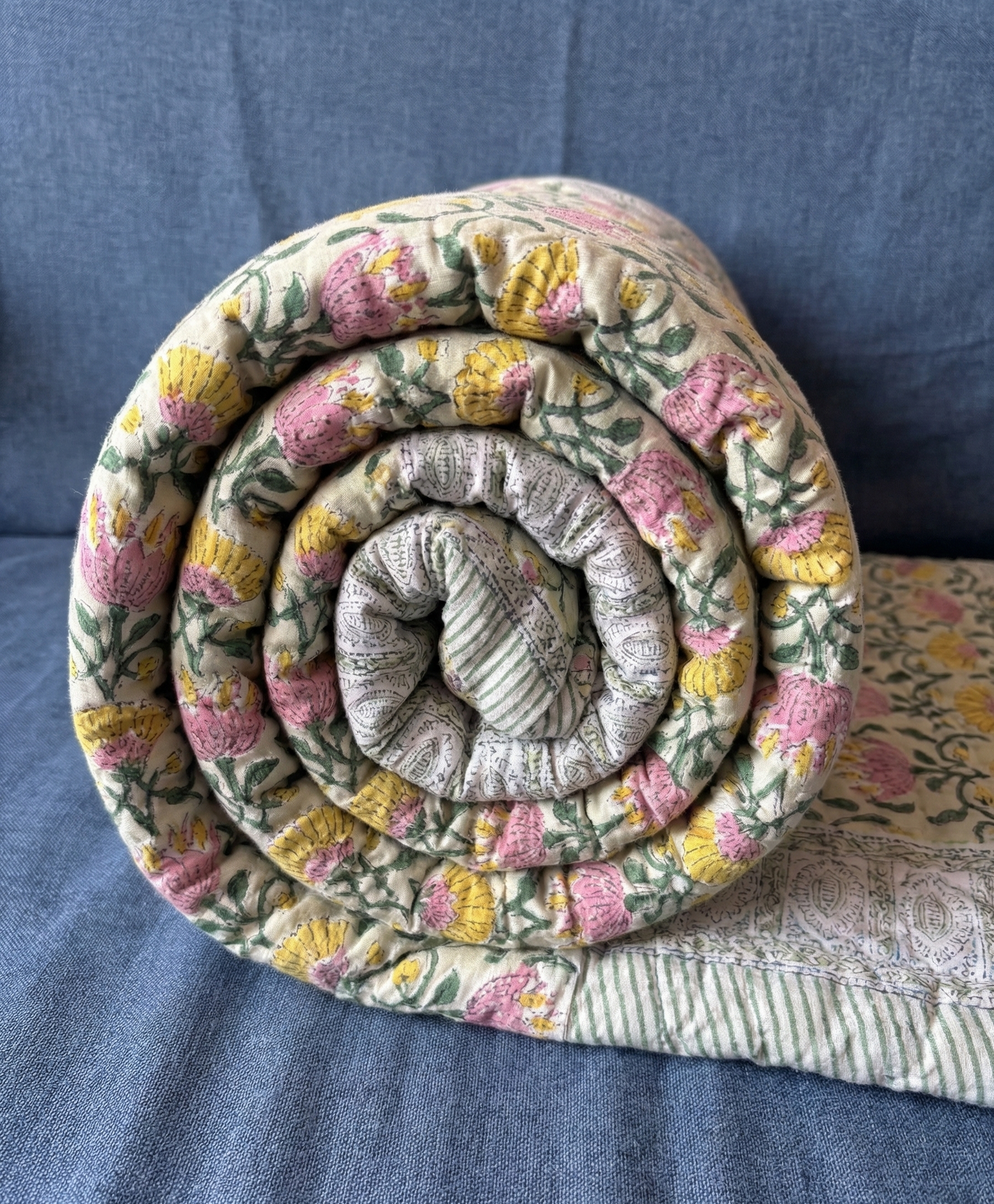 Pink & Yellow Lotus Handblock Reversible Mulmul Cotton Quilt