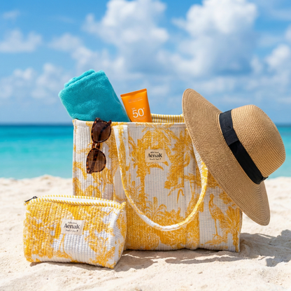 Yellow Jungle Quilted Cotton Travel Bag + Vanity Pouch