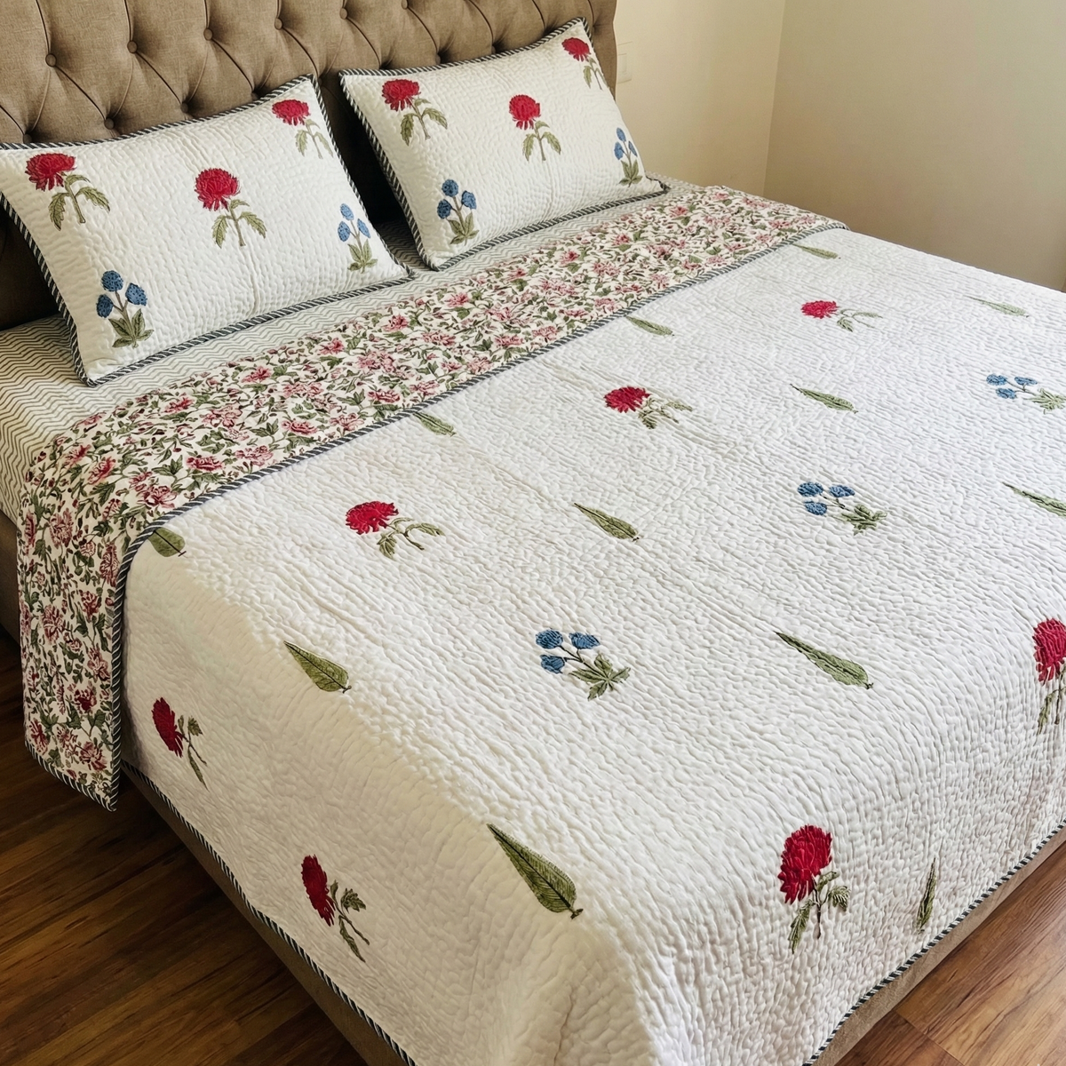 Red Blue Rose Cypress Handblock Reversible Quilted Cotton Bedcover- 105x108