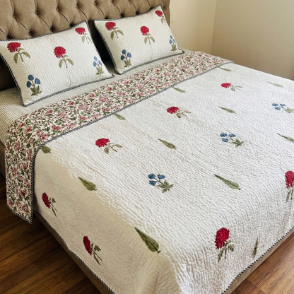 Red Blue Rose Cypress Handblock Reversible Quilted Cotton Bedcover- 105x108