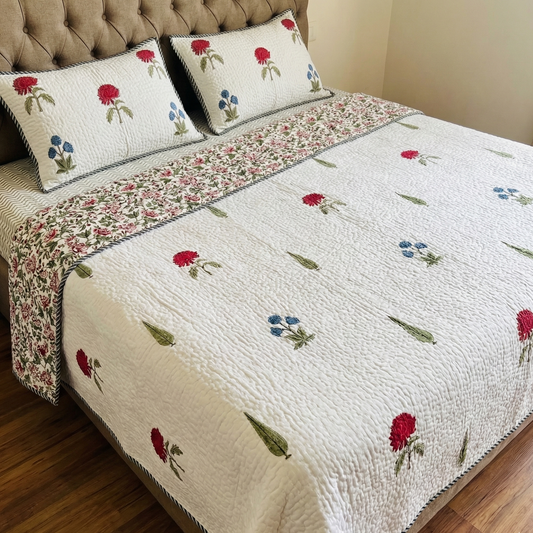 Red Blue Rose Cypress Handblock Reversible Quilted Cotton Bedcover Set- 105x108