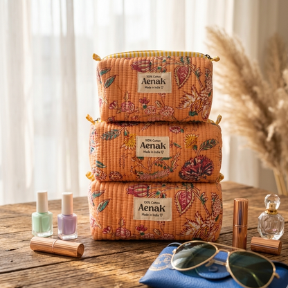 Orange Floral Garden Quilted Vanity Pouches-Set of 3