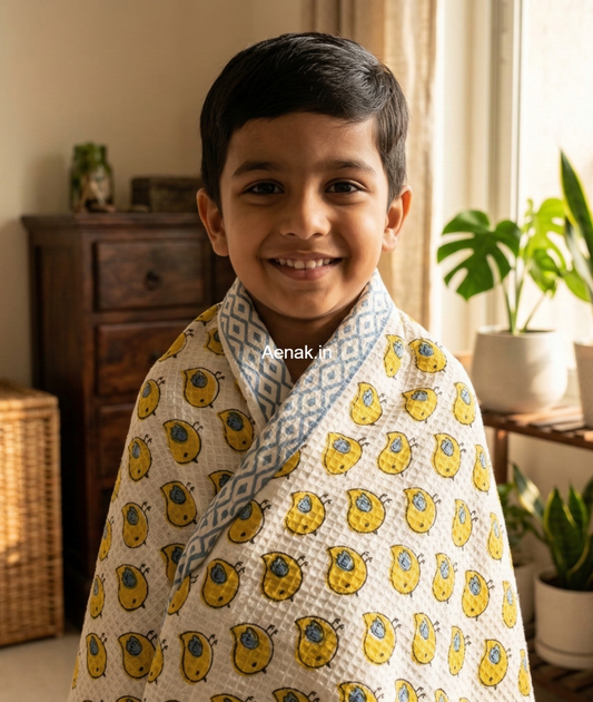 Yellow Sparrow Handblock Waffle Cotton Bathing Towel