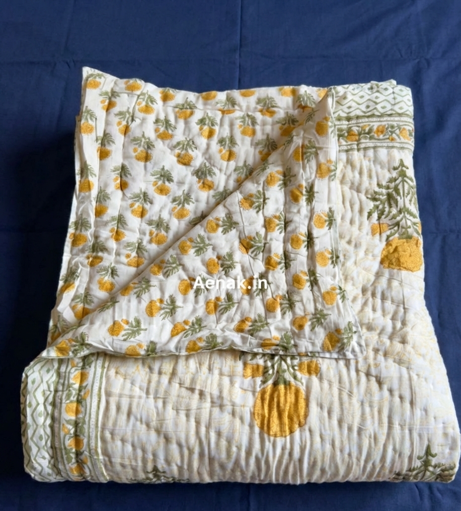Yellow Marigold Paani Jaal Handblock Bedsheet + Quilt Combo Set