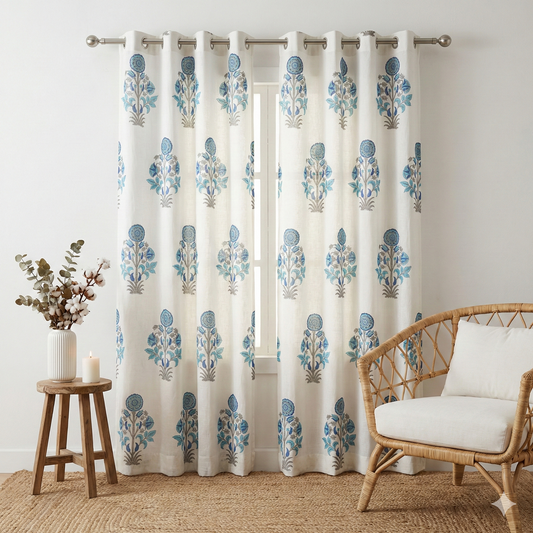 Blue Phool Handblock Curtains