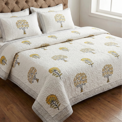 Yellow Bodhi Tree Handblock Reversible Quilted Cotton Bedcover- 105x108