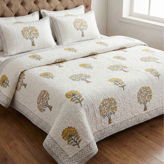 Yellow Bodhi Tree Handblock Reversible Quilted Cotton Bedcover Set- 105x108