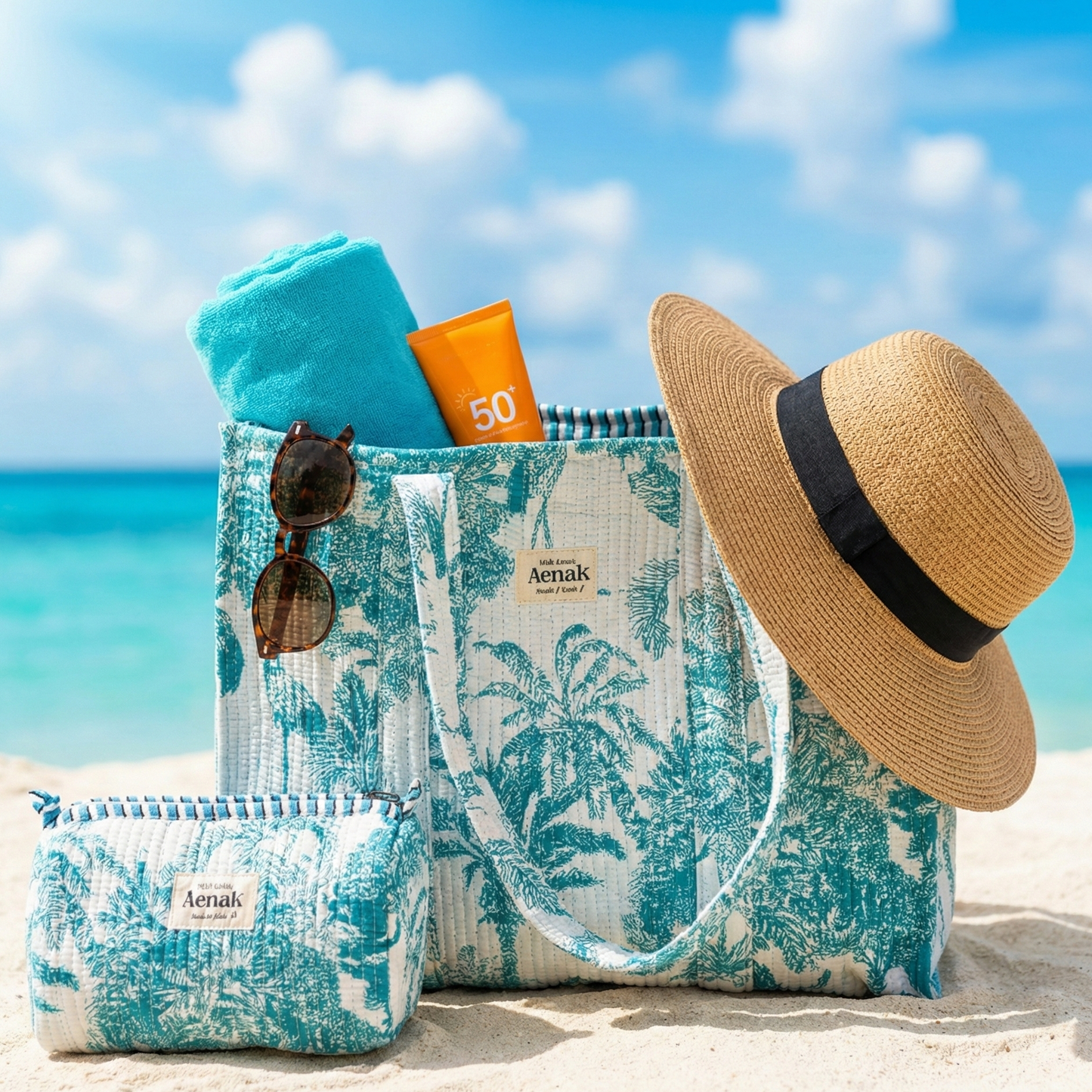 Teal Jungle Quilted Cotton Travel Bag + Vanity Pouch