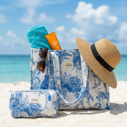 Blue Jungle Quilted Cotton Travel Bag + Vanity Pouch