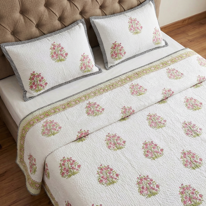 Pink Jaipuri Boota Handblock Reversible Quilted Cotton Bedcover Set- 105x108
