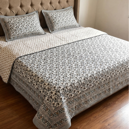 Beige Floral Jaal Handblock Reversible Quilted Cotton Bedcover Set- 105x108