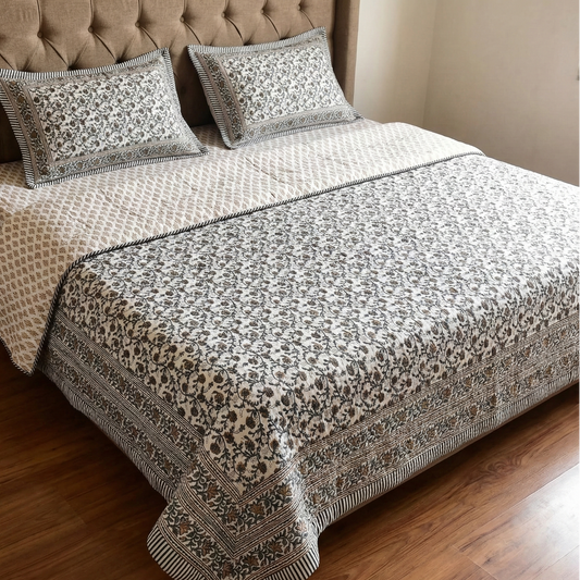 Beige Floral Jaal Handblock Reversible Quilted Cotton Bedcover Set- 105x108