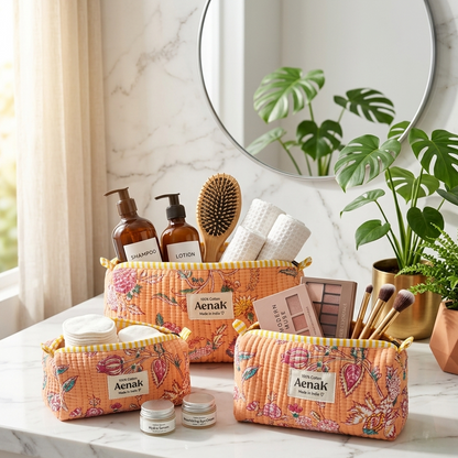 Orange Floral Garden Quilted Vanity Pouches-Set of 3